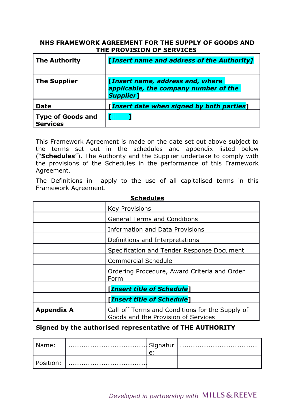 Nhs Framework Agreement for the Supply of Goods and the Provision of Services