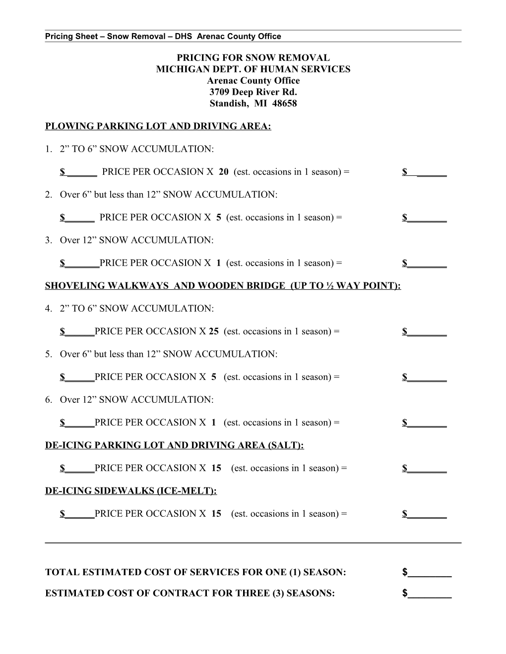 Pricing Sheet Snow Removal DHS Arenac County Office