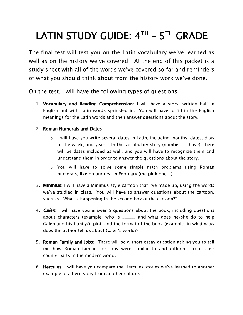 Latin Study Guide: 4Th 5Th Grade