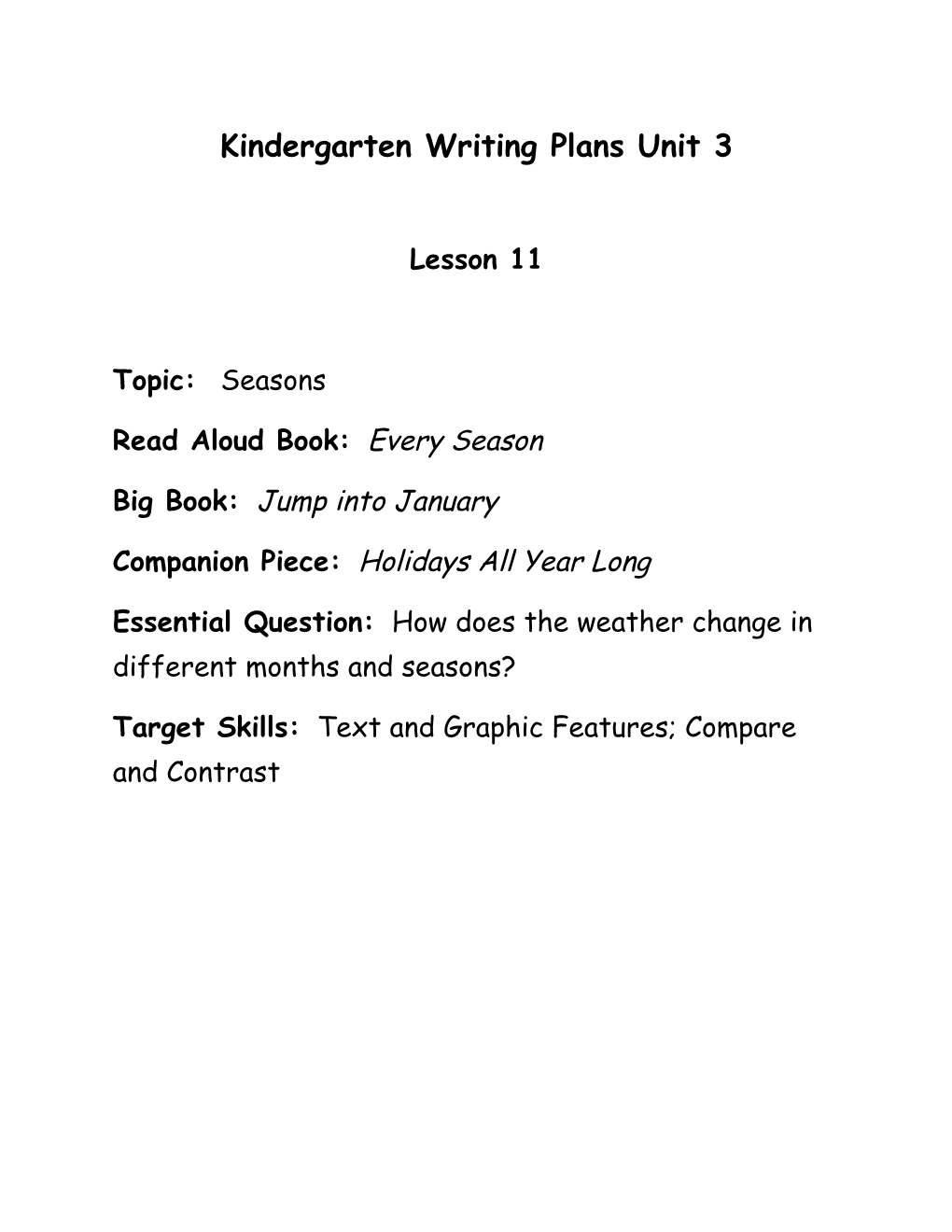 Kindergarten Writing Plans Unit 3