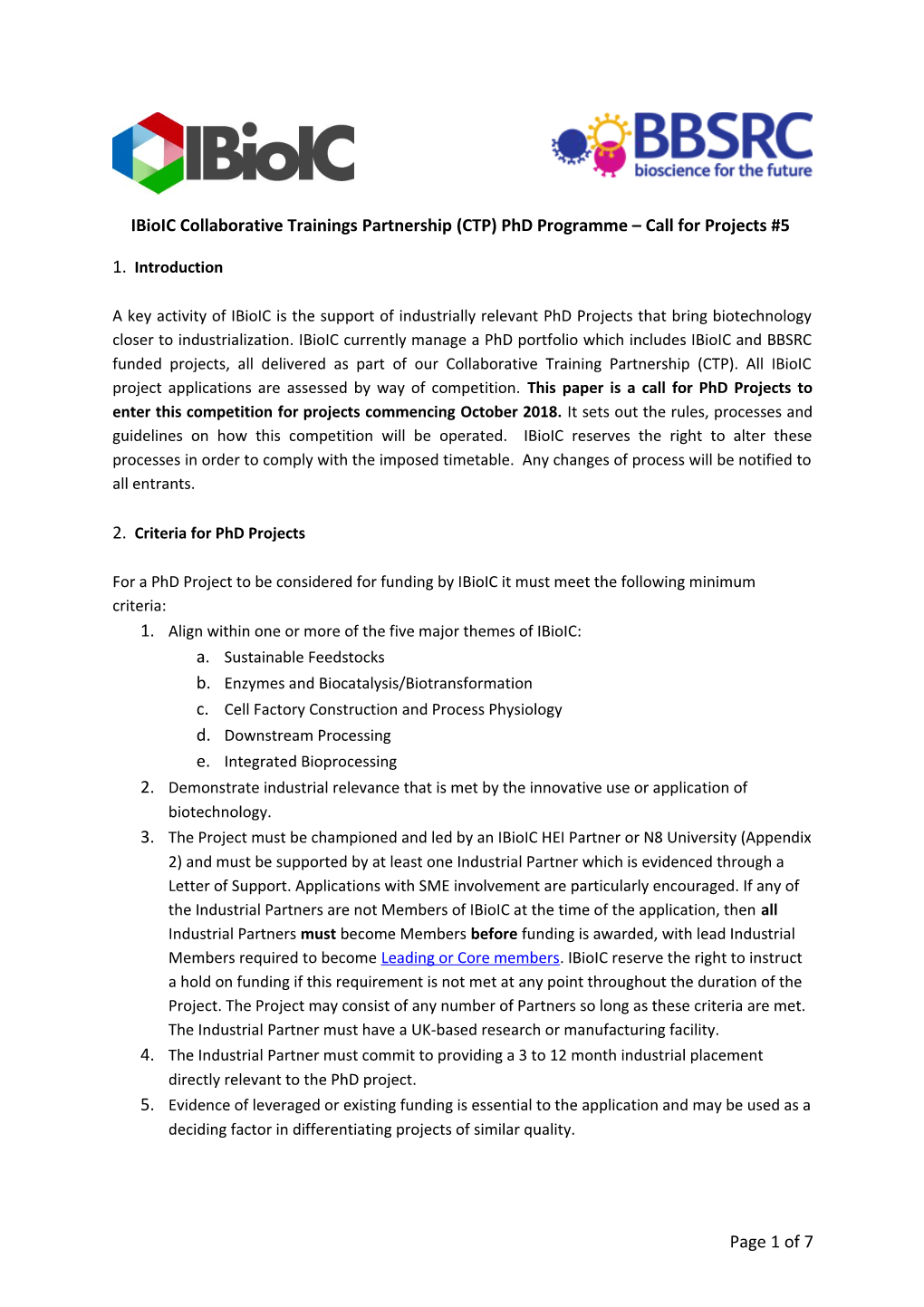 Ibioic Collaborative Trainings Partnership (CTP) Phdprogramme Call for Projects #5