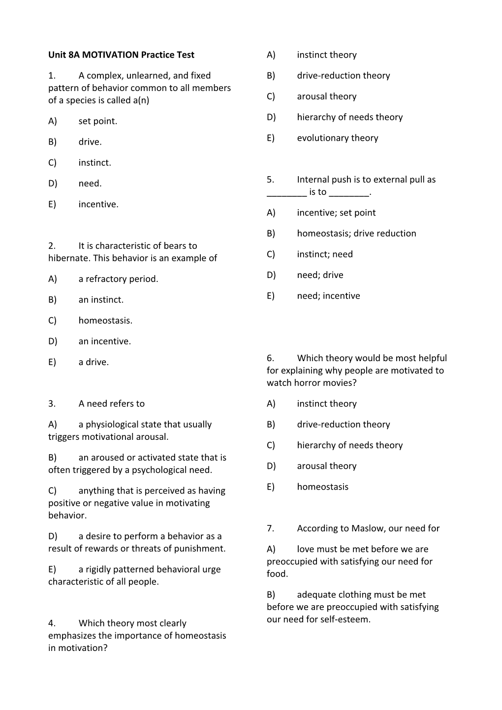 Unit 8A MOTIVATION Practice Test