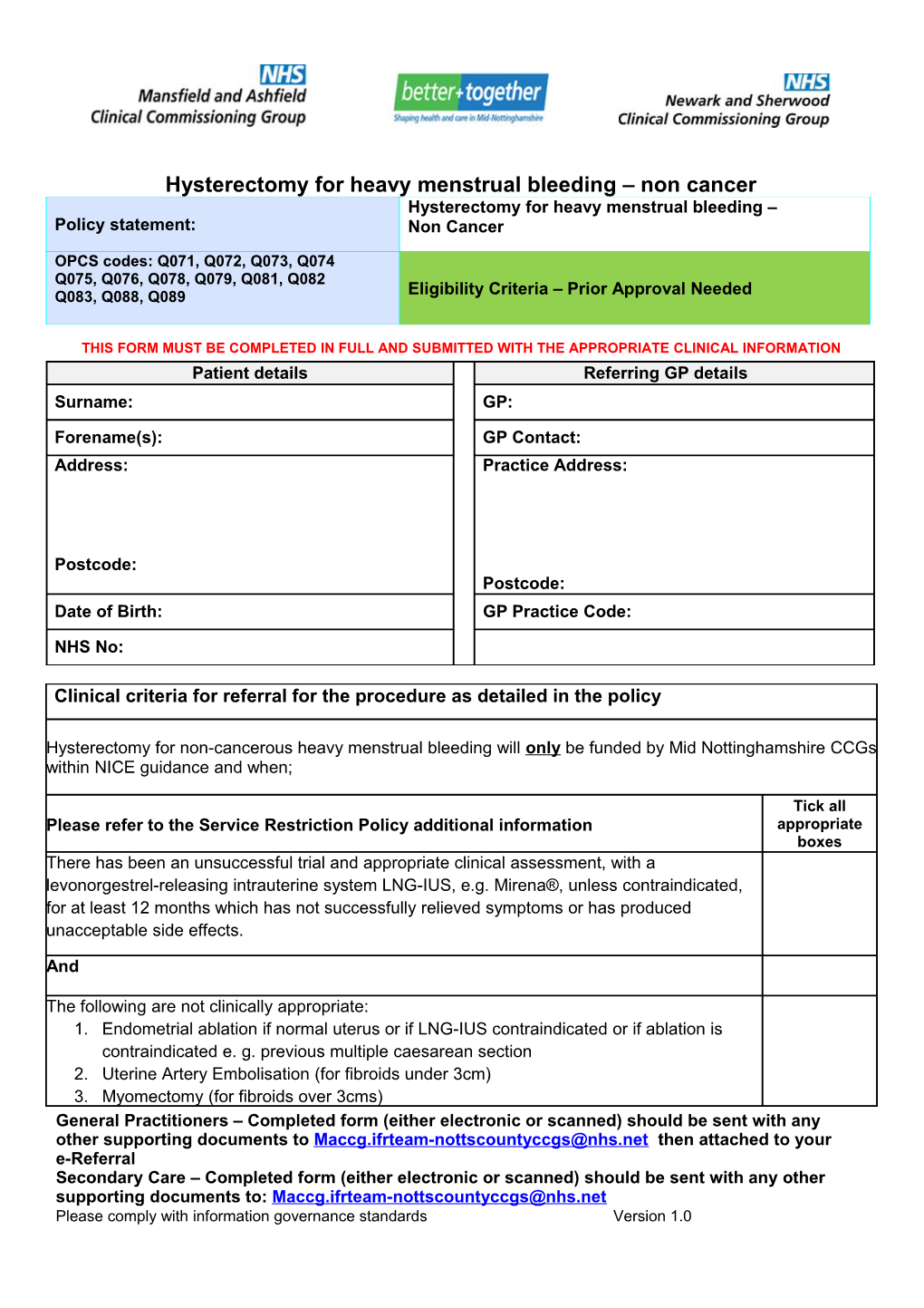 Hysterectomy for Heavy Menstrual Bleeding Non Cancer