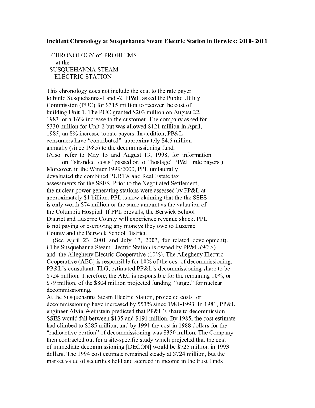 Incident Chronology at Susquehanna Steam Electric Station in Berwick: 2010- 2011