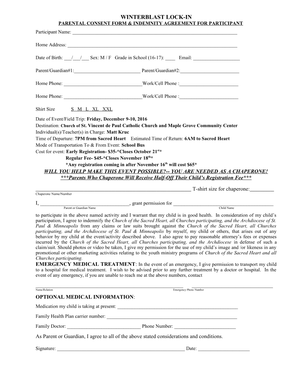 Parental Consent Form & Indemnity Agreement for Participant