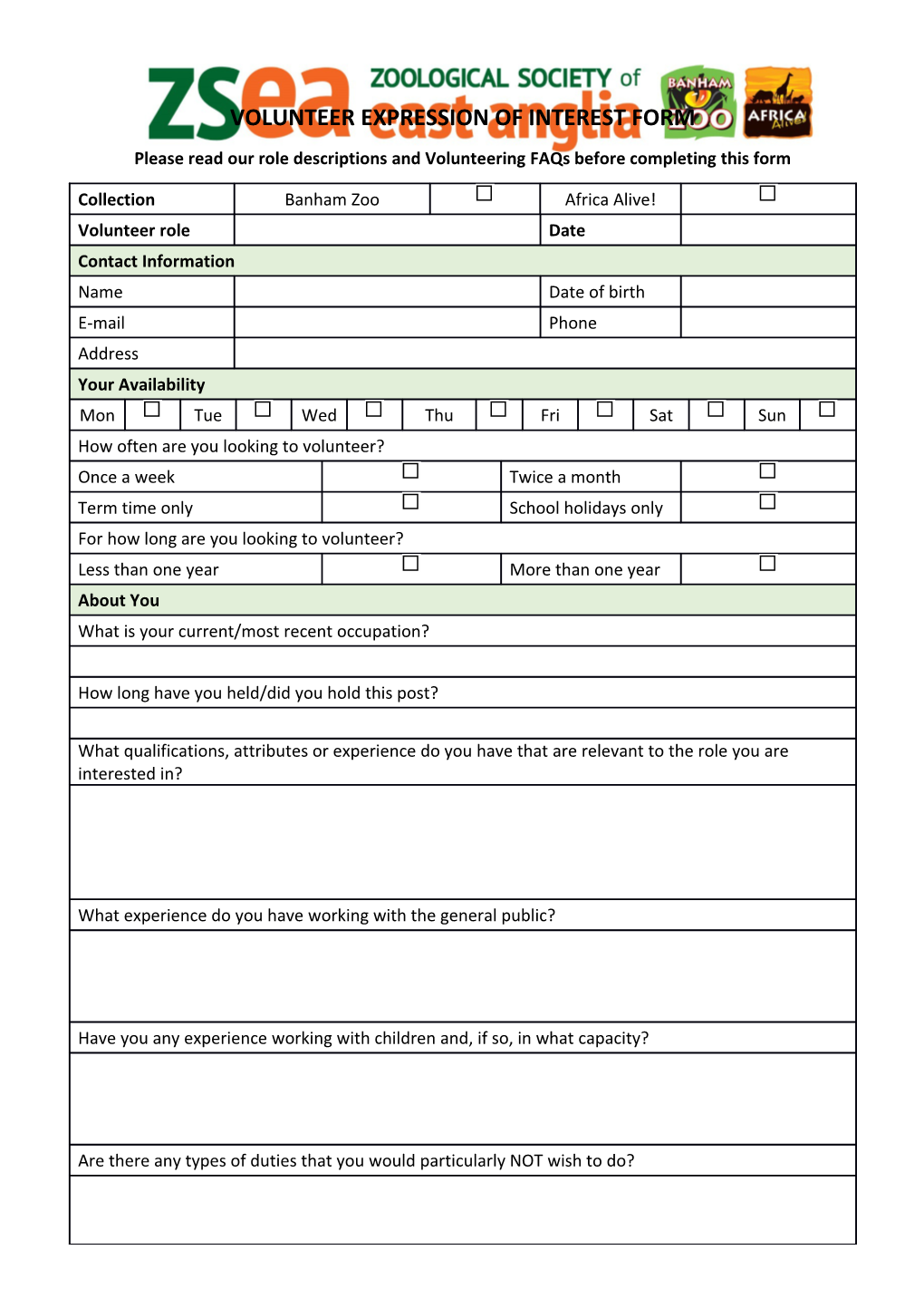 Volunteer Expression of Interest Form