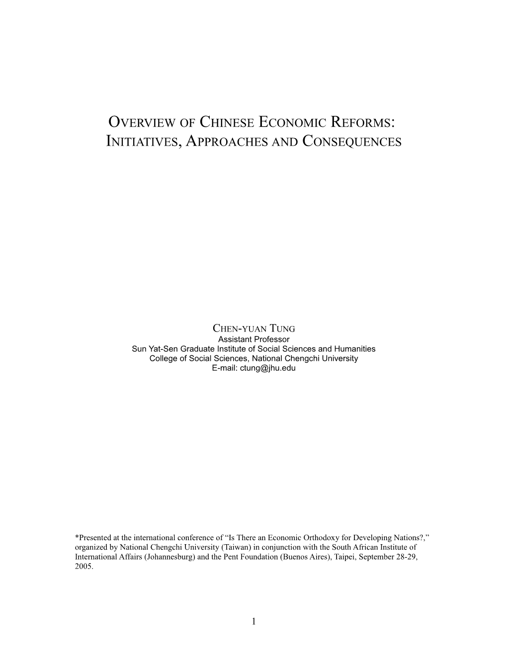 Outline Overview of Chinese Economic Reforms
