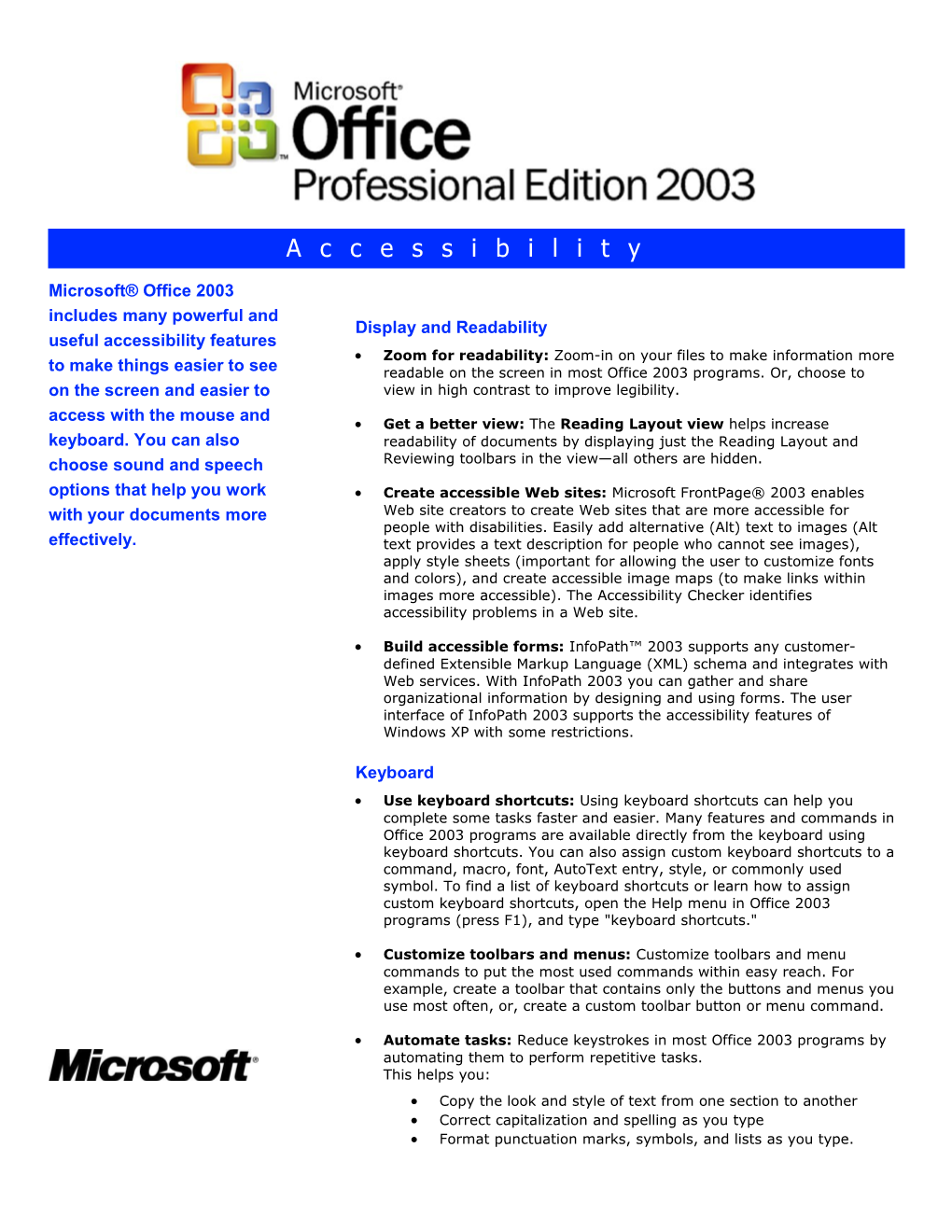 Office 2003 Accessibility Fact Sheet