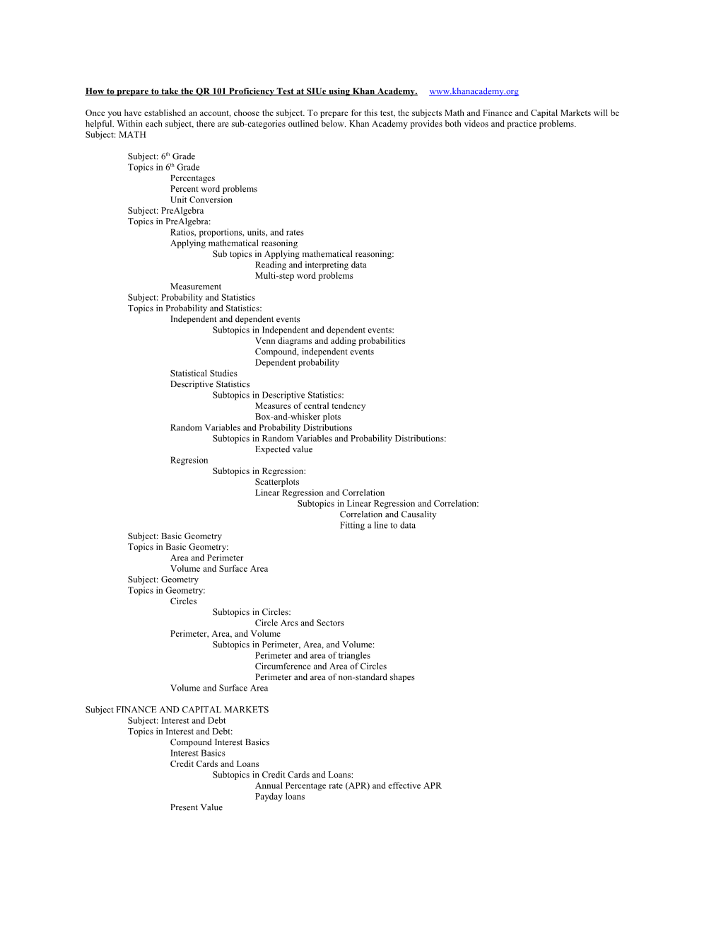 How to Prepare to Take the QR 101 Proficiency Test at Siue Using Khan Academy