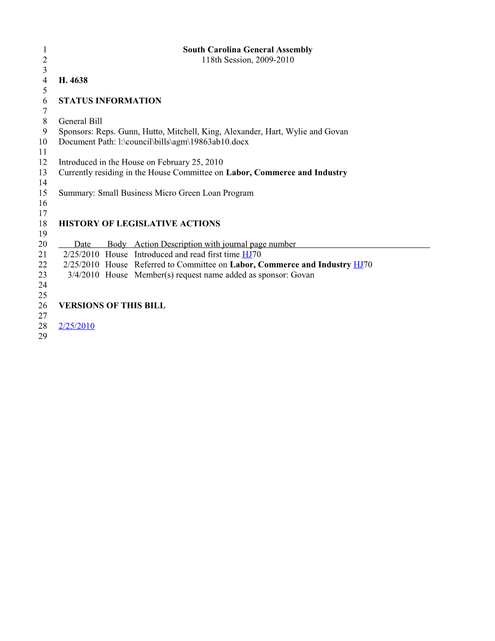 2009-2010 Bill 4638: Small Business Micro Green Loan Program - South Carolina Legislature Online