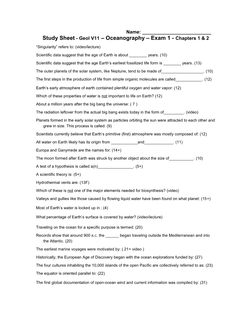 Study Sheet - Geol V11 Oceanography Exam 1 - Chapters 1 & 2