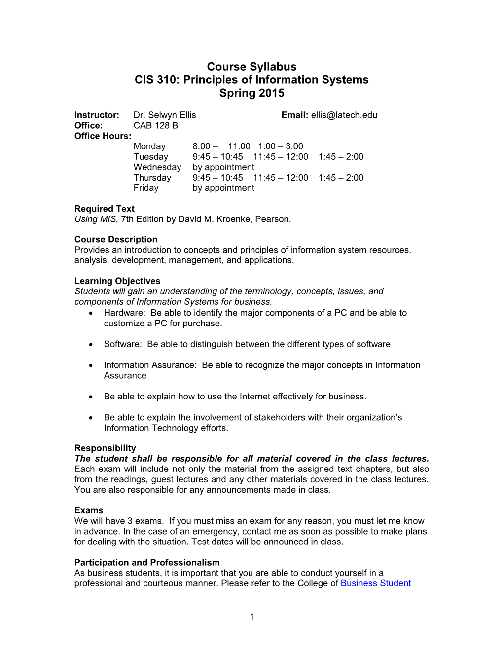 CIS 310: Principles of Information Systems