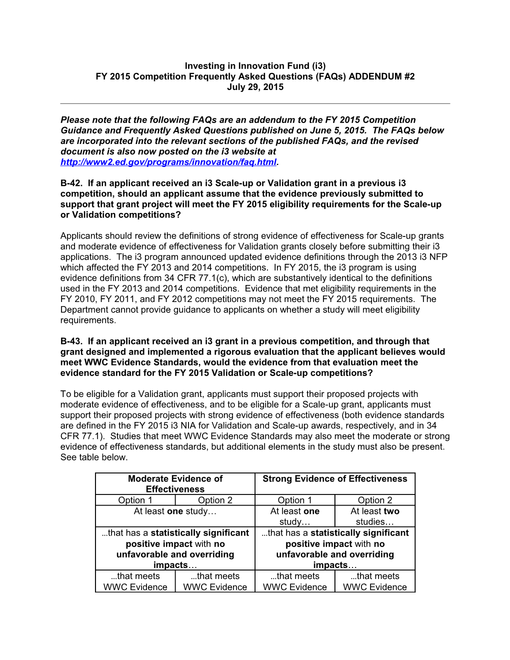 FY 2015 Competition Frequently Asked Questions (Faqs) ADDENDUM #2
