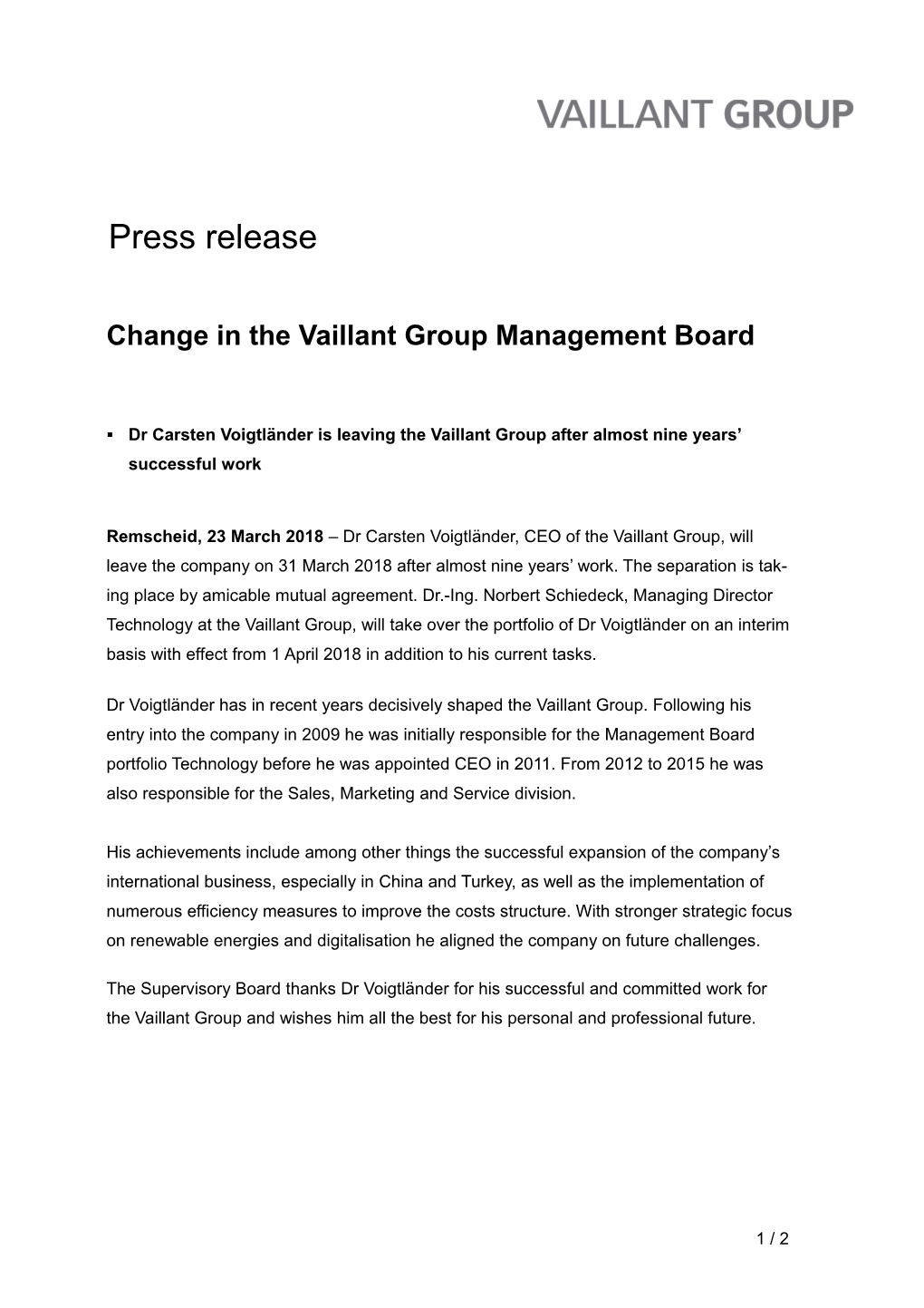 Change in the Vaillant Group Management Board