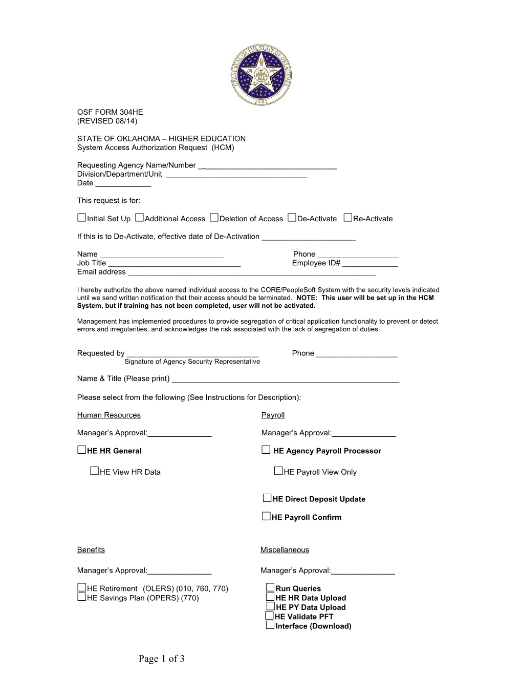 OSF Form 304 - System Access Request - Higher Education Human Resources