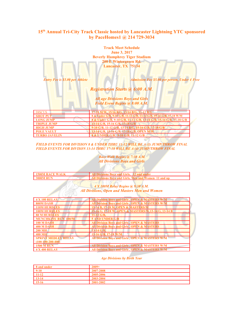 11Th Annual Tri-City Track Classic Hosted by Lancaster Lightning YTC Sponsored by Pacehomes1