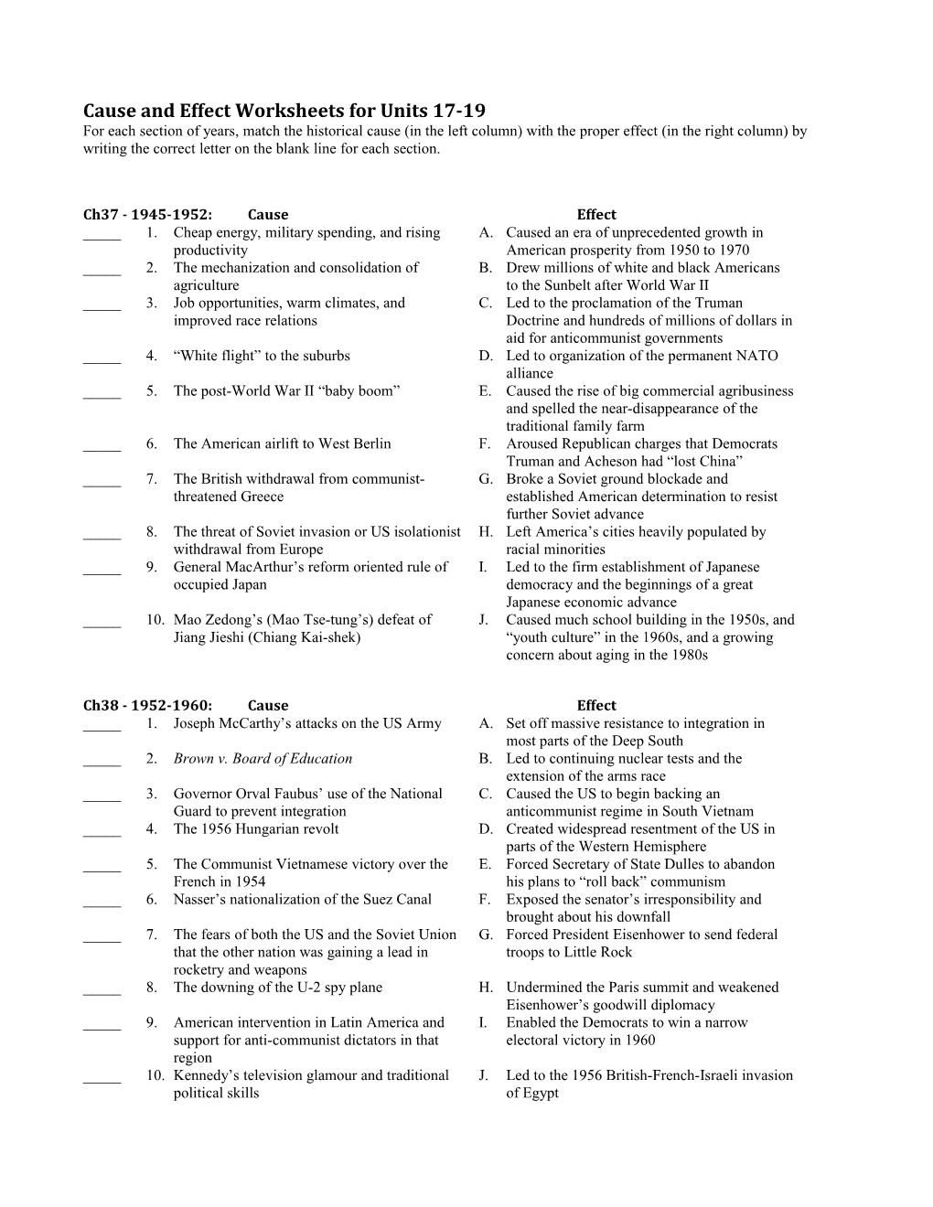 Cause and Effect Worksheets for Units17-19