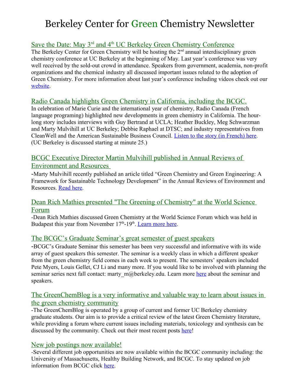 Berkeley Center for Green Chemistry Newsletter