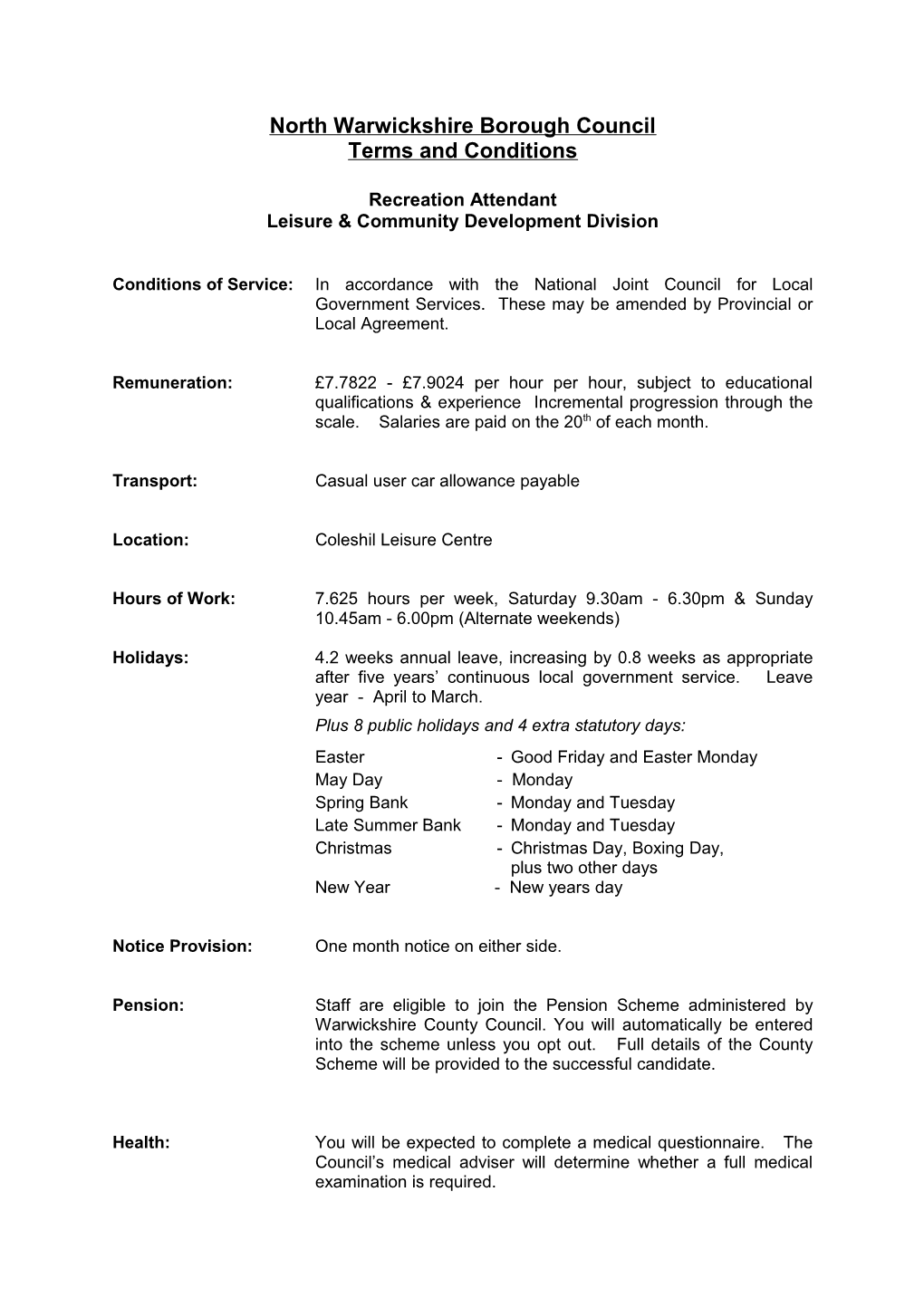 Terms and Conditions - Principal Building Control Officer