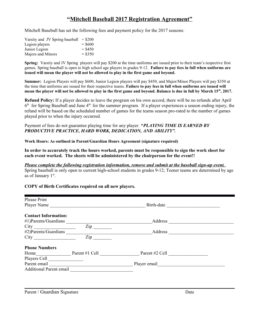 Mitchell Baseball Registration Agreement