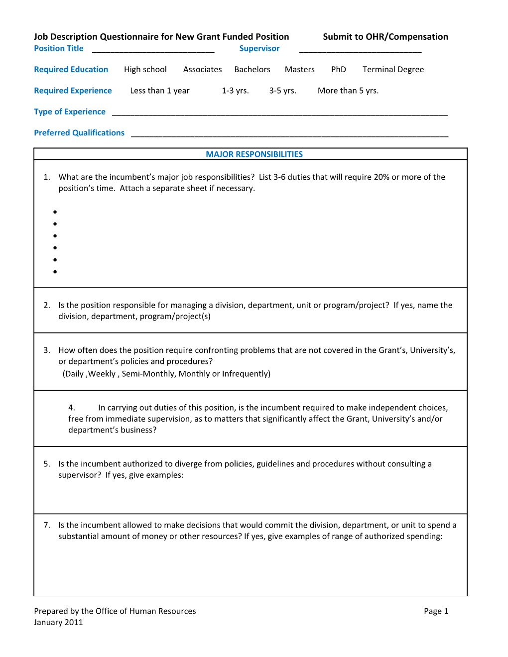 Job Description Questionnaire for New Grant Funded Positions