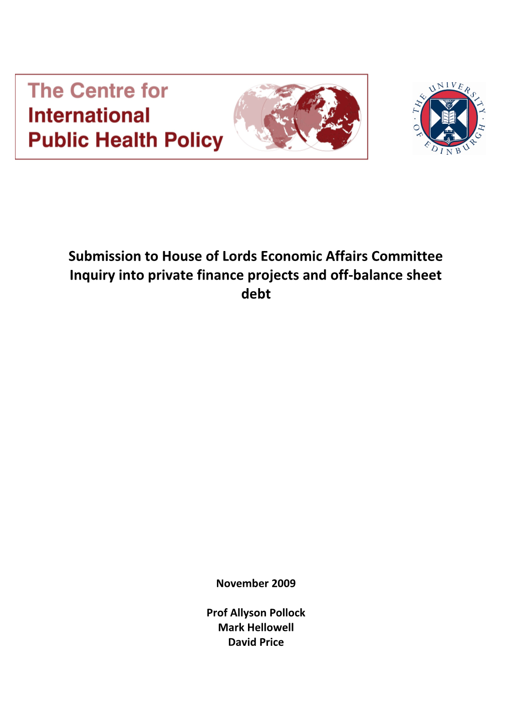 Submission to House of Lords Economic Affairs Committee Inquiry Into Private Finance Projects