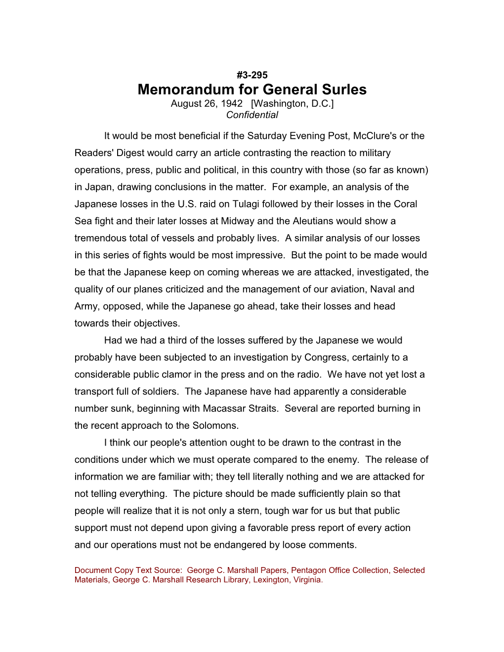 Memorandum for General Surles