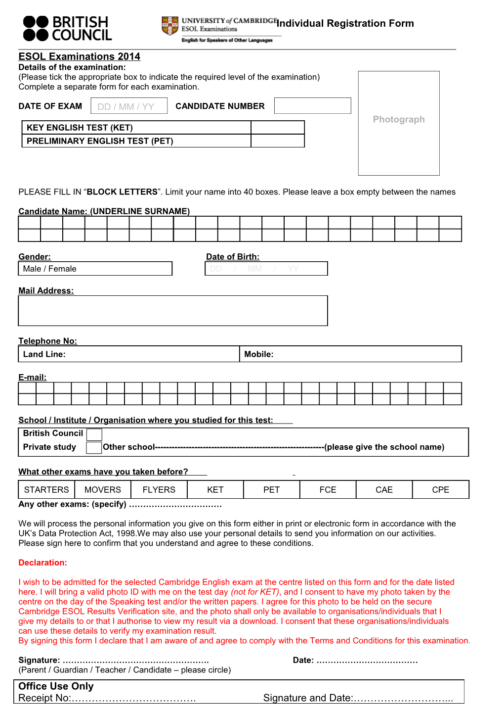 Please Tick the Appropriate Box to Indicate the Required Level of the Examination