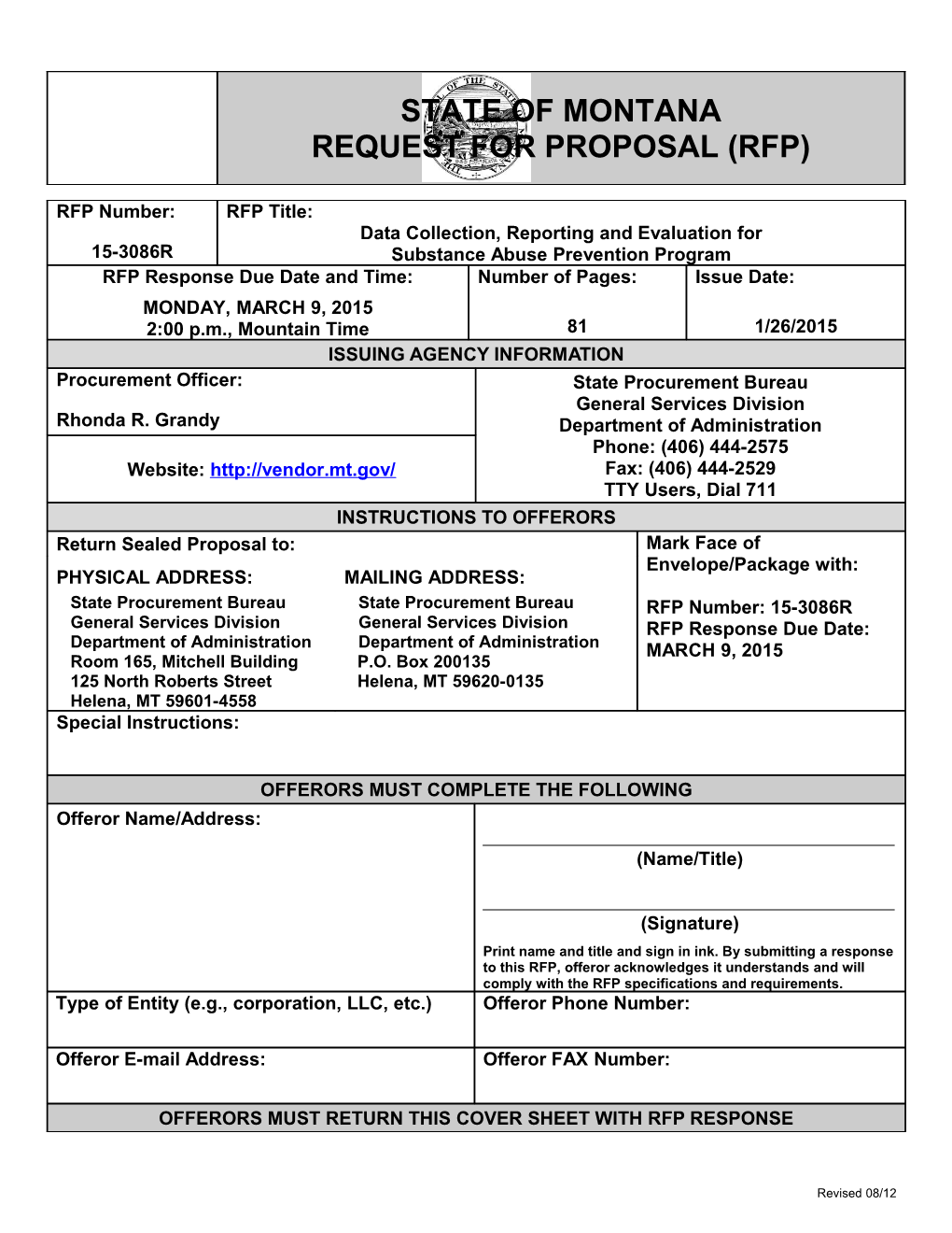 RFP#15-3086R, Data Collection, Reporting and Evaluation for Substance Abuse Prevention