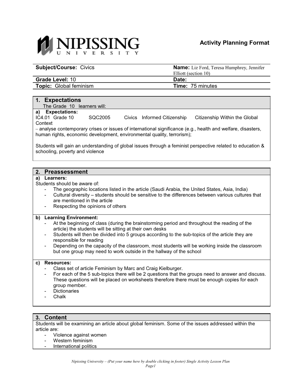 General Planning Format s1