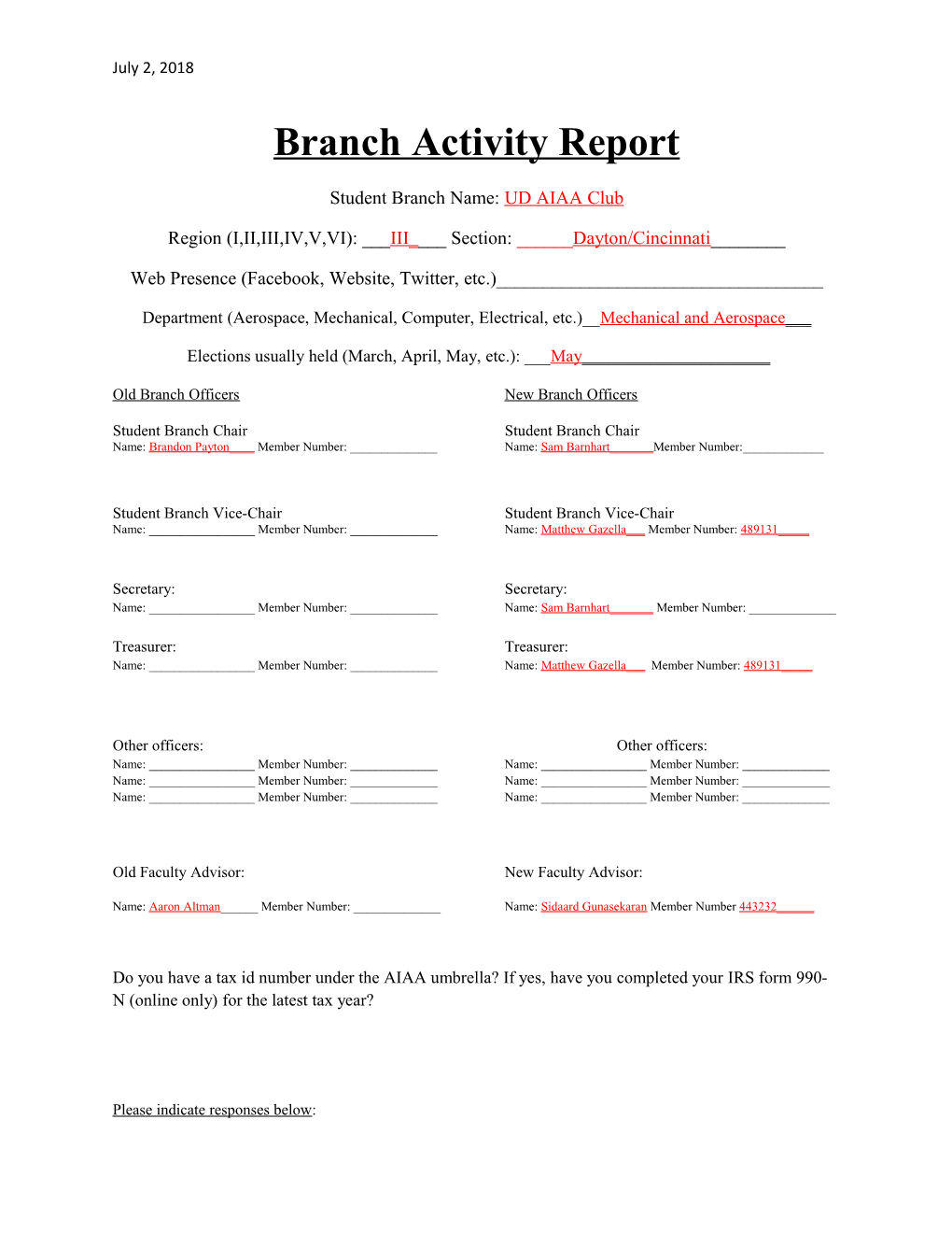 Branch Activity Report s2
