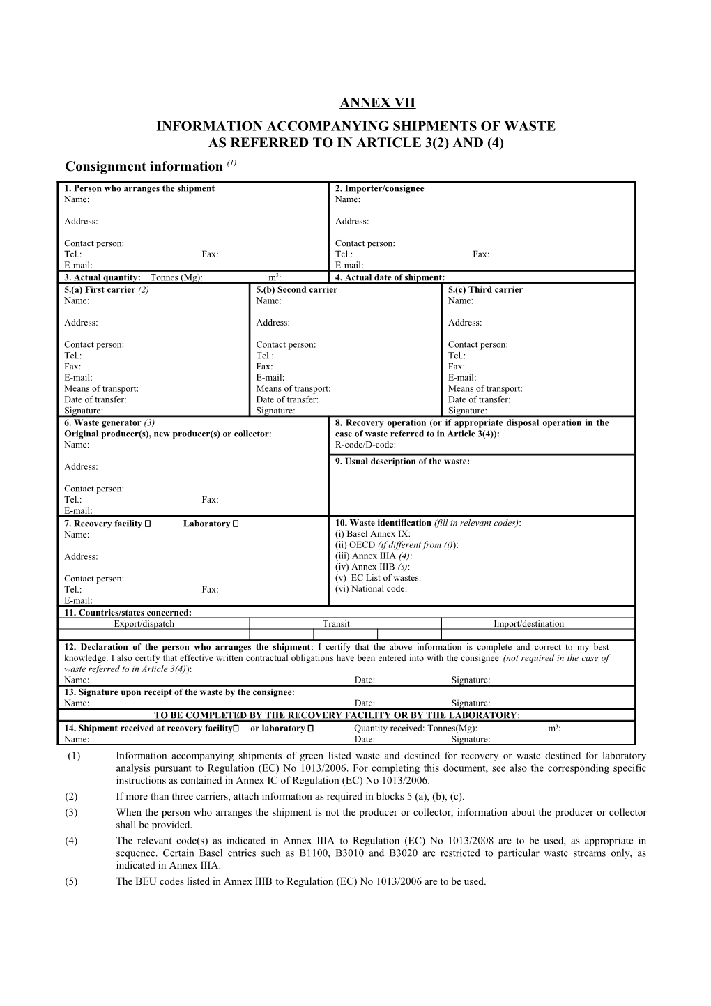 Information Accompanying Shipments of Waste As Referred to in Article 3(2) and (4)