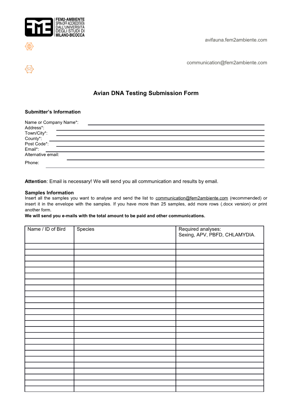 Avian DNA Testing Submission Form