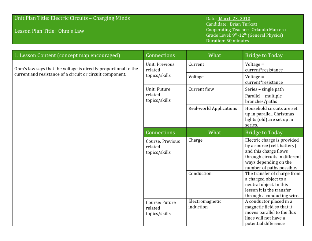 Unit Plan Title: Electric Circuits Charging Minds