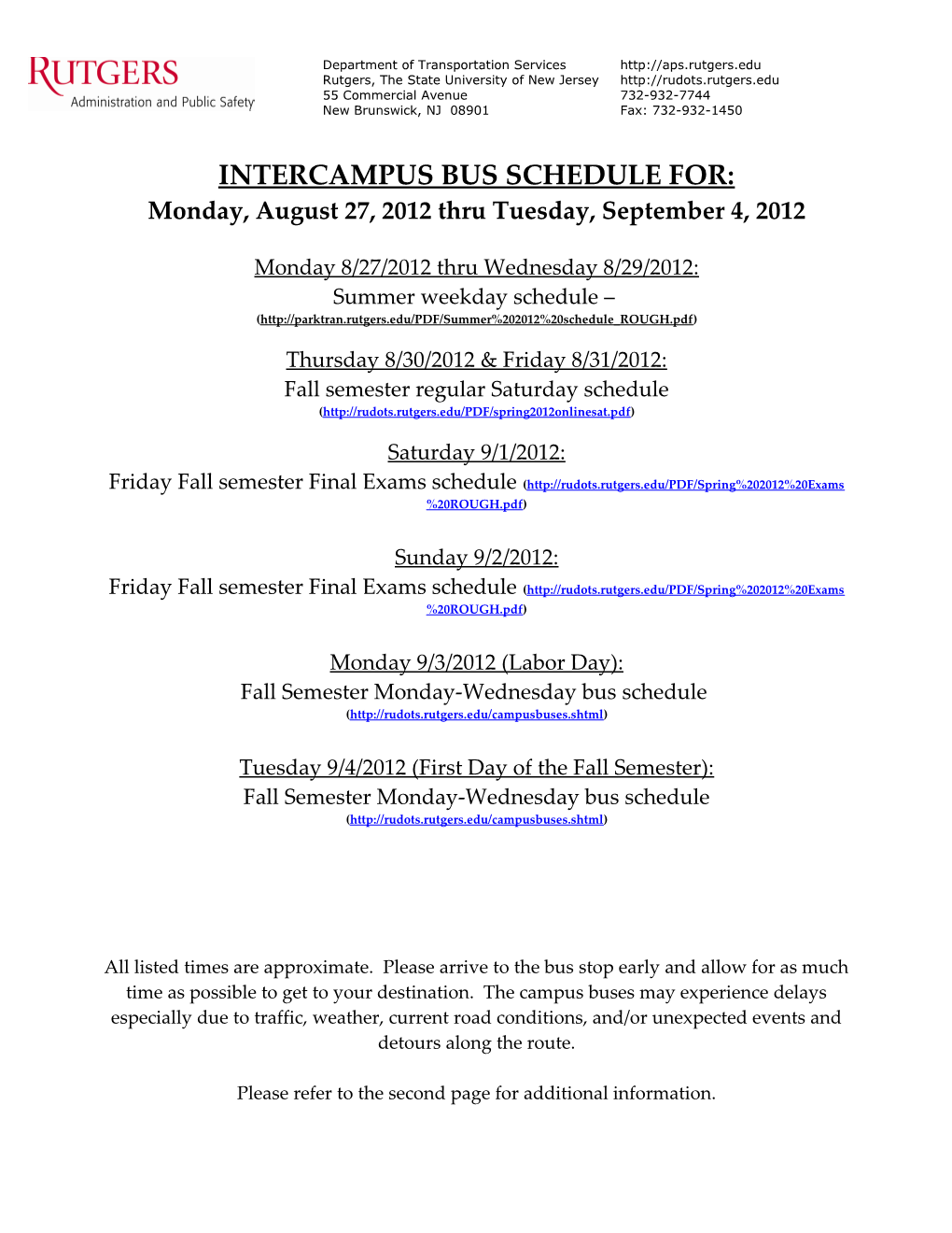 Intercampus Bus Schedule For