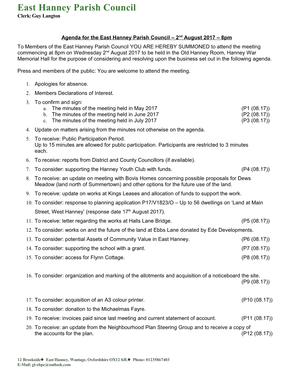 Agenda for the East Hanney Parish Council 2Nd August 2017 8Pm