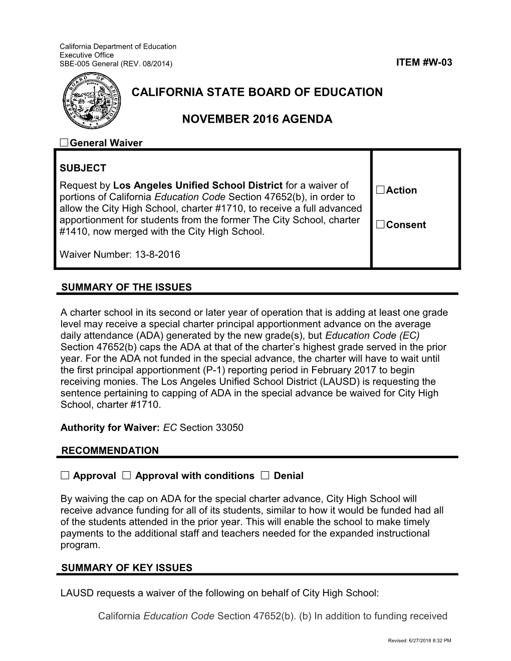 November 2016 Waiver Item W-03 - Meeting Agendas (CA State Board of Education)