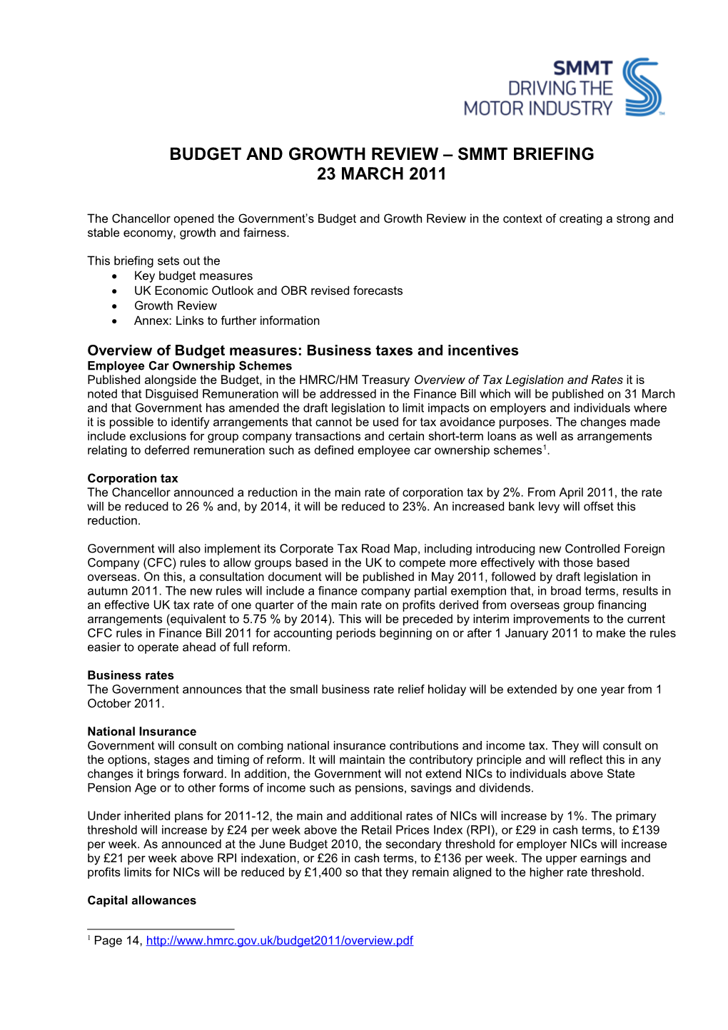 Budget and Growth Review Smmt Briefing