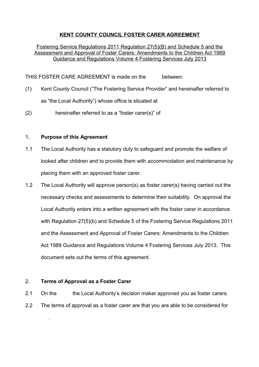 Kent County Council Foster Carer Agreement