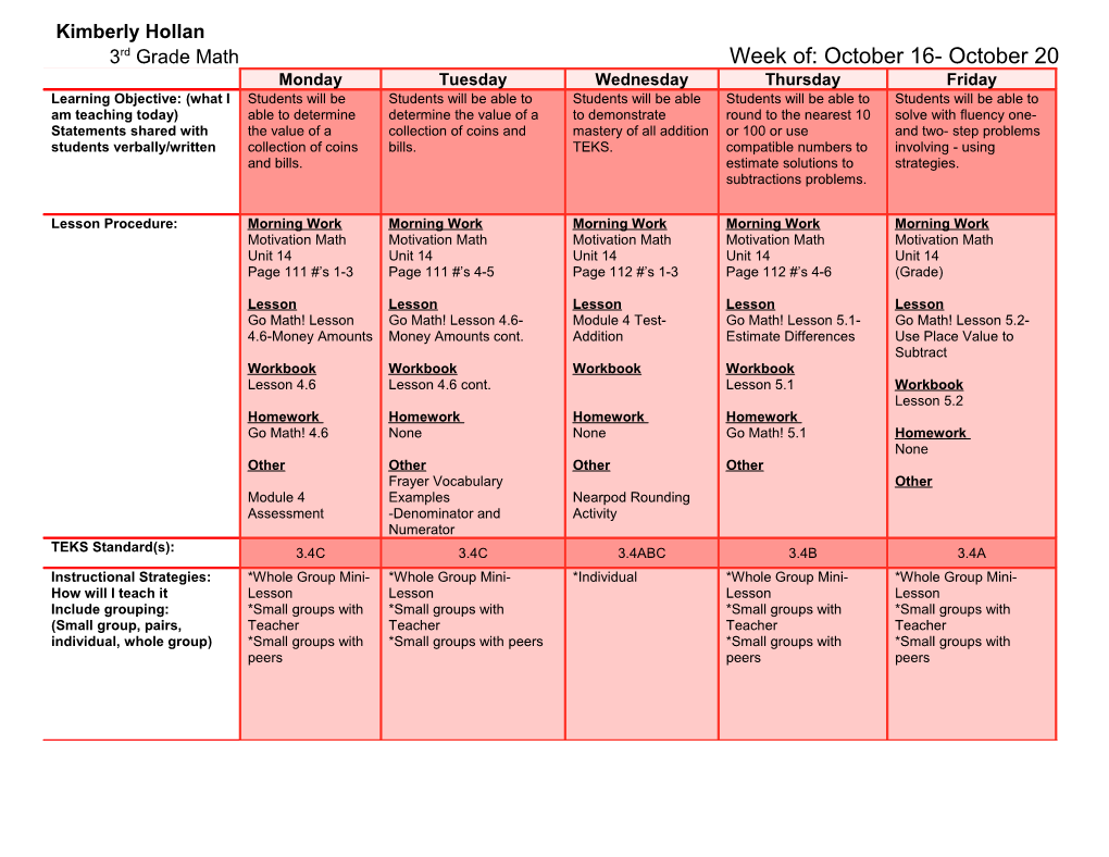 3Rd Grade Math Week Of: October 16- October 20