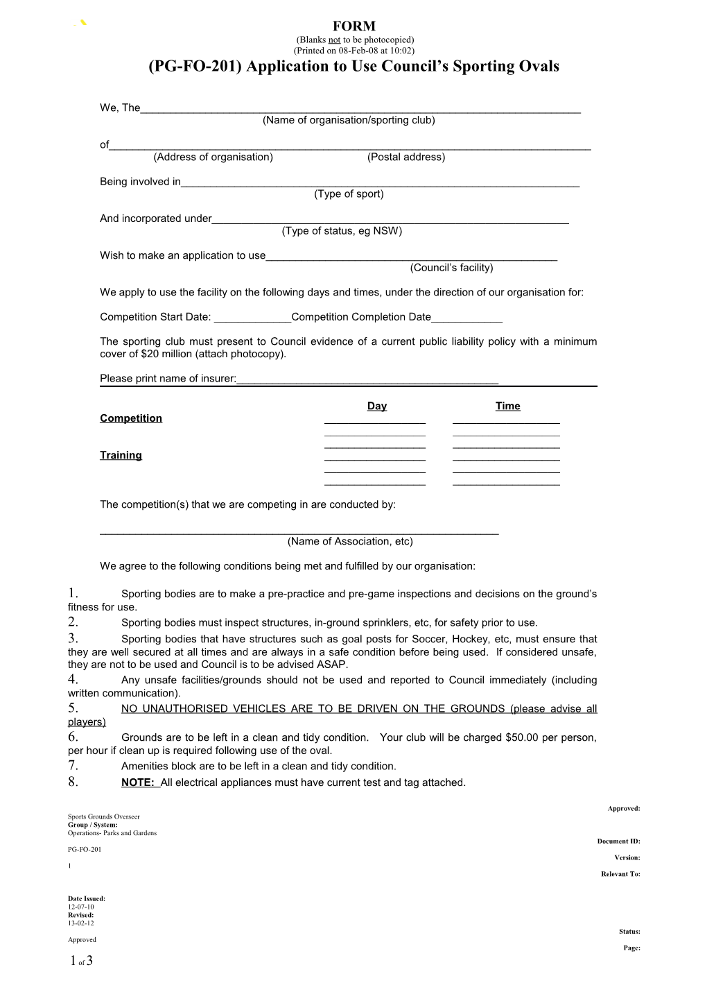 (PG-FO-201) Application to Use Council's Sporting Ovals