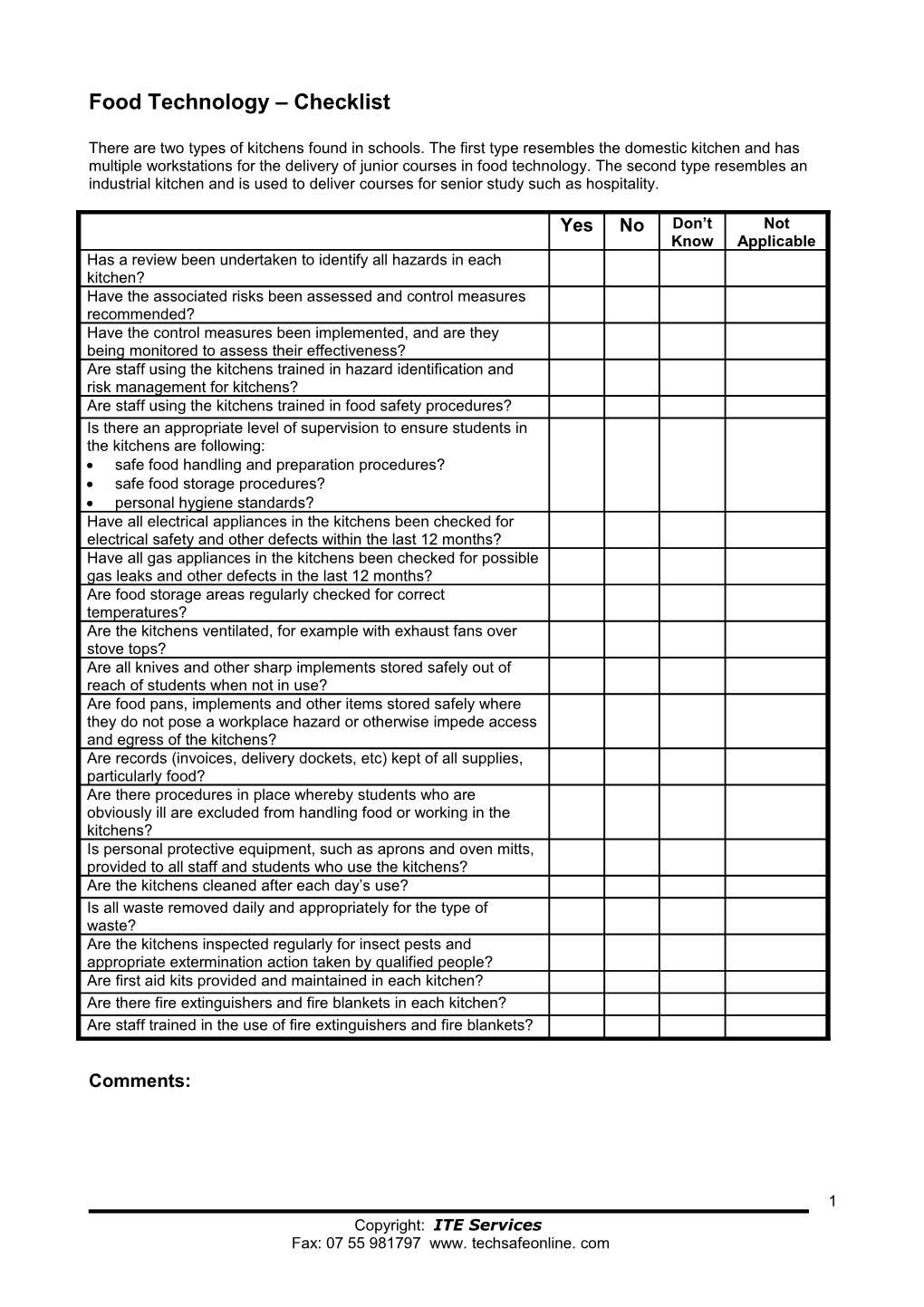 Food Technology - Checklist