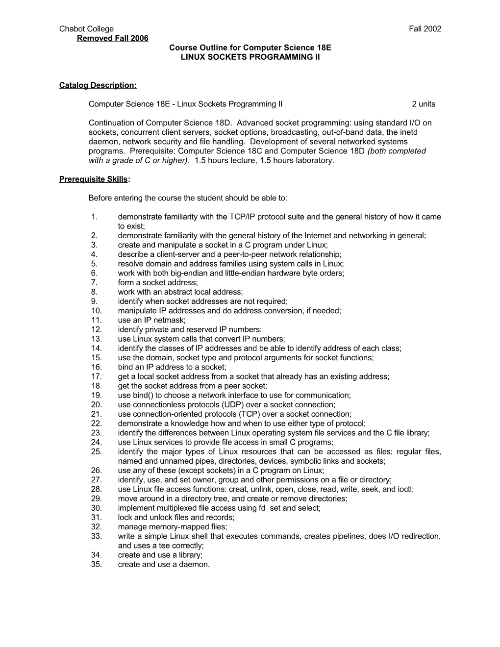 Course Outline for Computer Science 18E