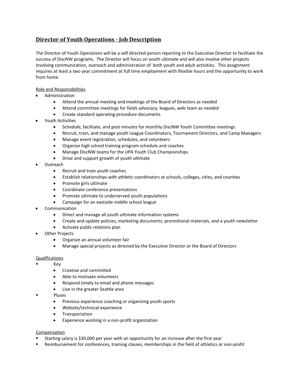 Youth Coordinator Job Description