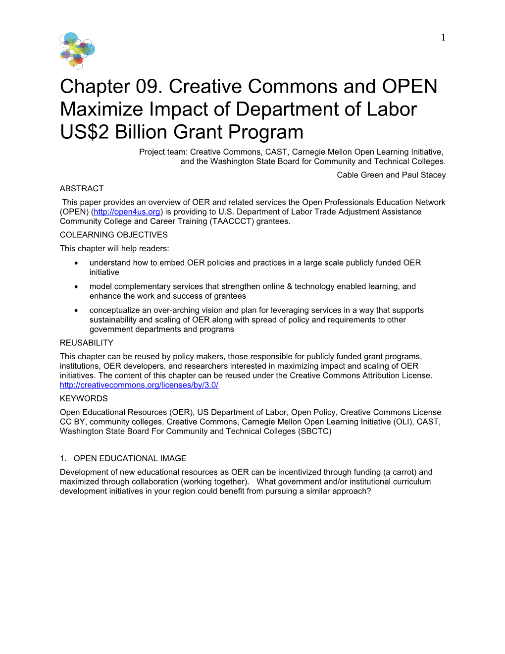 Chapter 09. Creative Commons and OPEN Maximize Impact of Department of Labor US$2 Billion