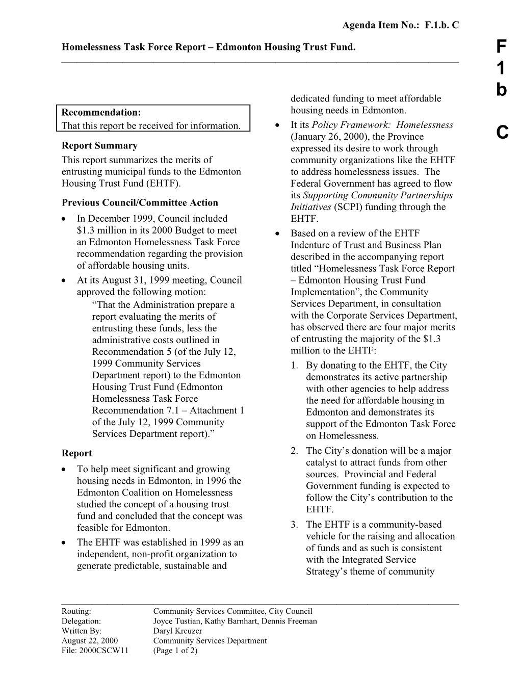 Report for Community Services Committee September 5, 2000 Meeting