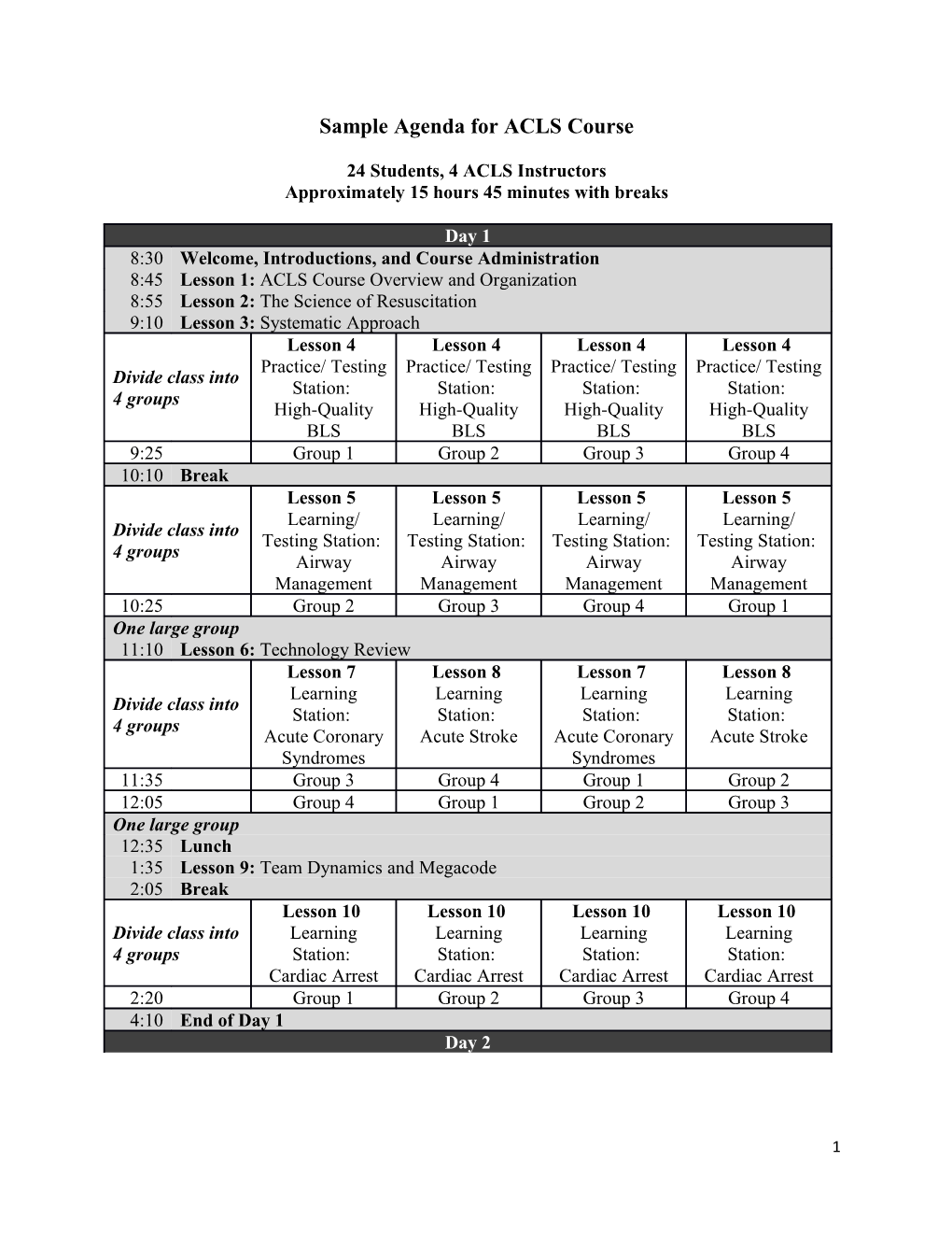 Sample Agenda for ACLS Course