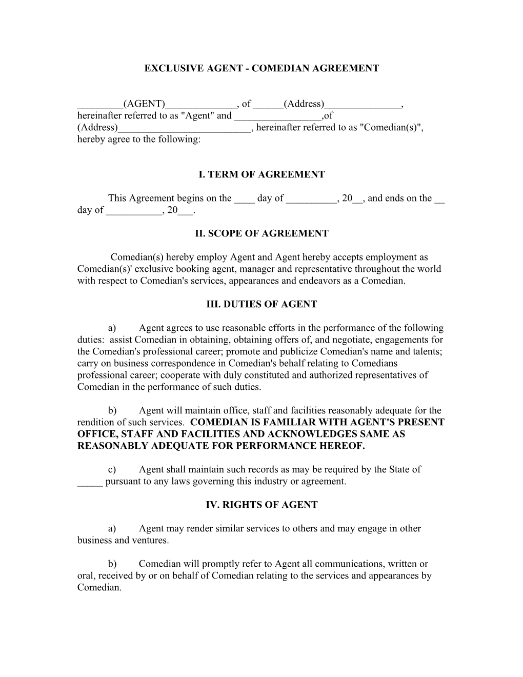 Exclusive Agent - Musician Agreement