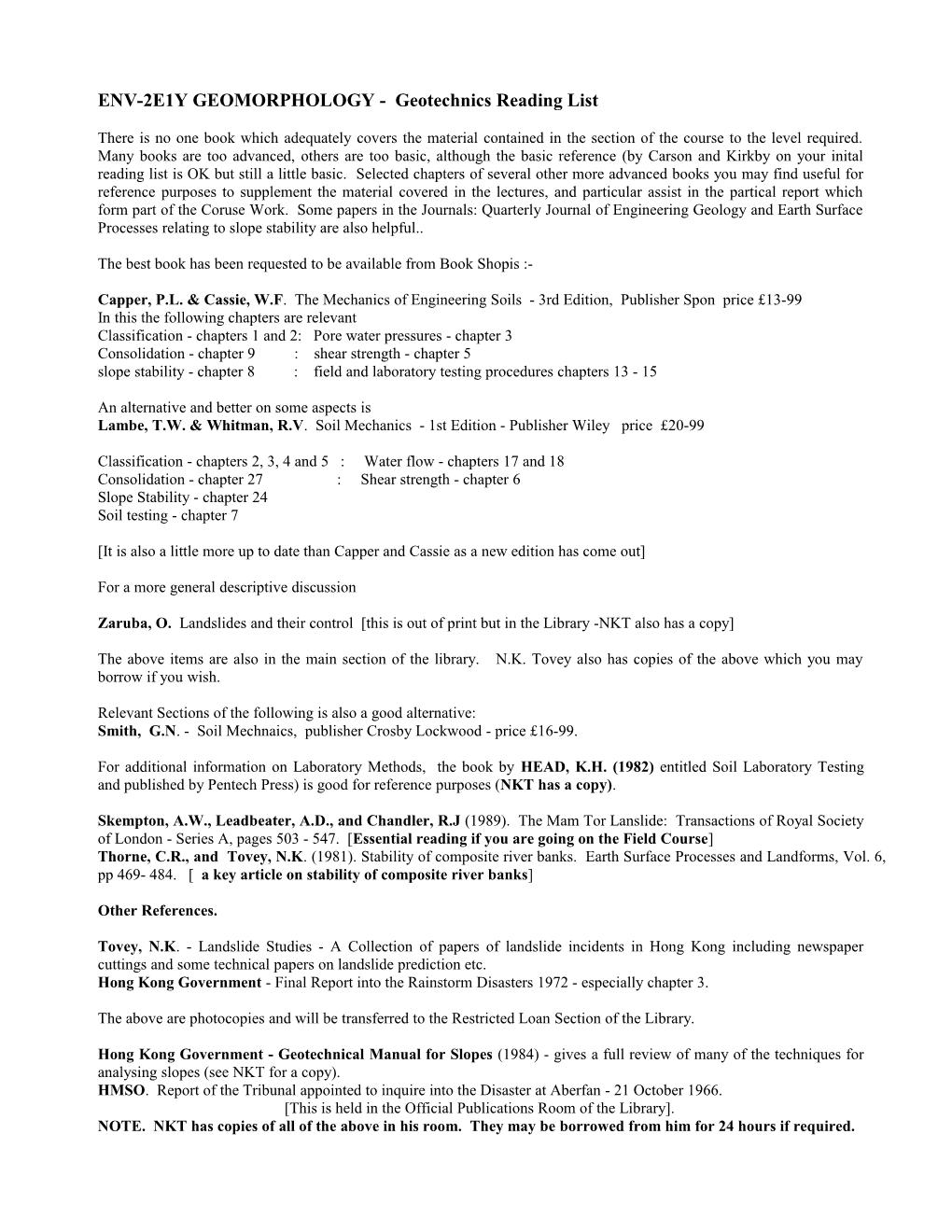 ENV-2B07 Geomorphology Reading List