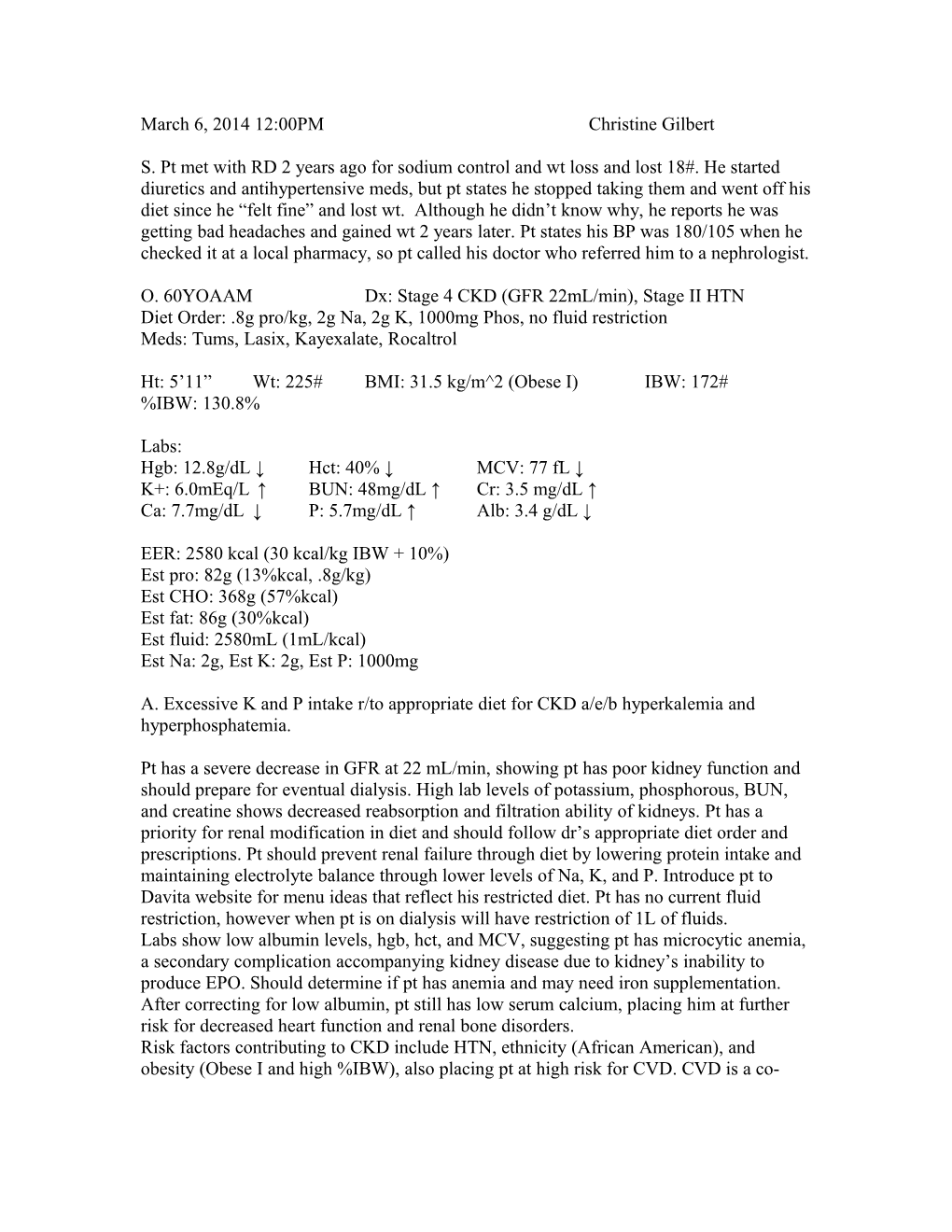 O. 60YOAAM Dx: Stage 4 CKD (GFR 22Ml/Min), Stage II HTN